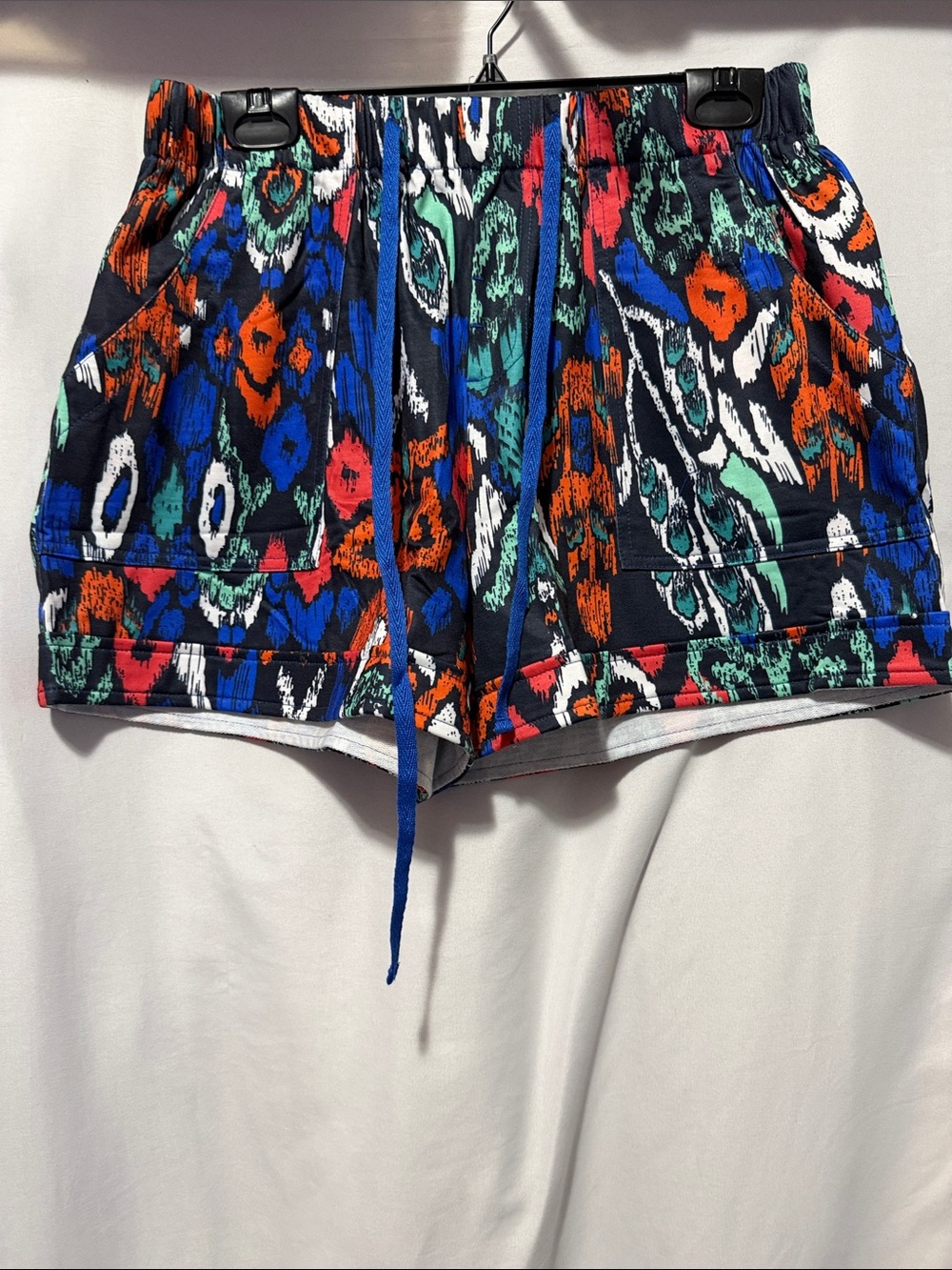 Multicolor Abstract Print Athletic Drawstring Shorts - Blue Accent